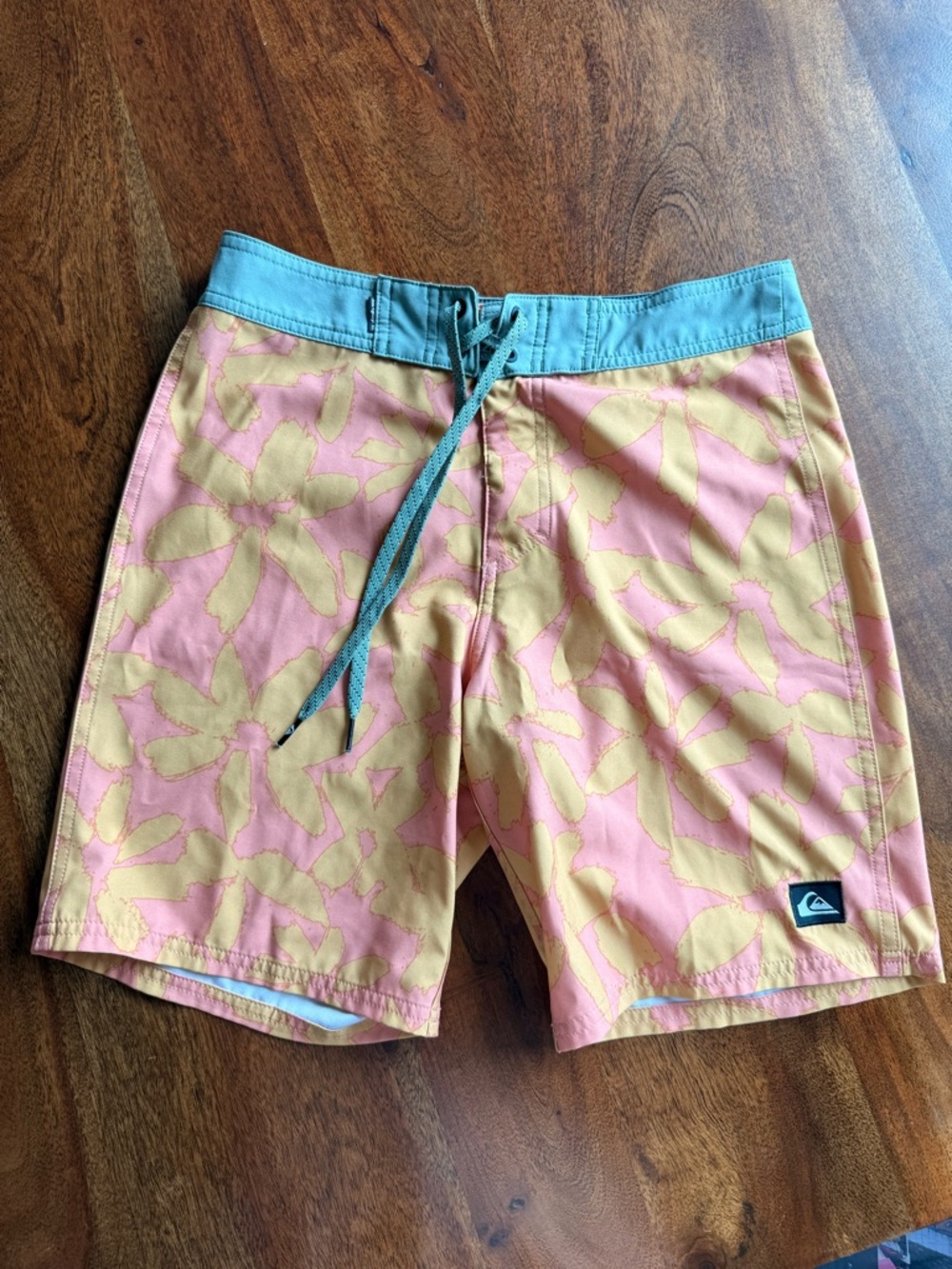 Quiksilver Men’s Coral & Yellow Floral Board Shorts with Sage Waistband